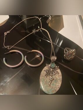 925 Silver Fairy Necklace w/Turquoise Accent&Rainbow Titanium Earrings& 925 Ring